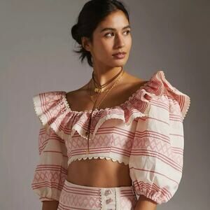 Raissa | Anthropologie NWT Ruffled Embroidered Cropped Blouse Beige Pink Red